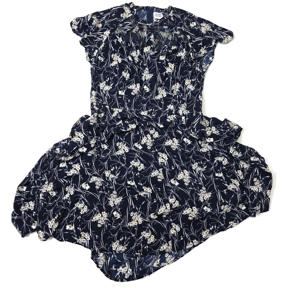 Unique Vintage Dress Womens 2X Blue Floral Cotton Fit‎ & Flare Short Sleeve Midi